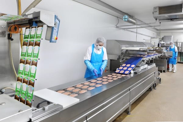 Für die SB-Biowurstscheiben von Altdorfer Biofleisch werden hier die ganzen Wurstkaliber maschinell in dünne Scheiben geschnitten und abgepackt.